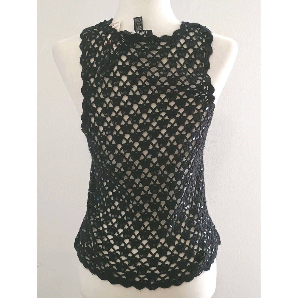 Laundry By Shelli Segal Black Crochet Sequin Top New No Under Tank - Picture 2 of 8